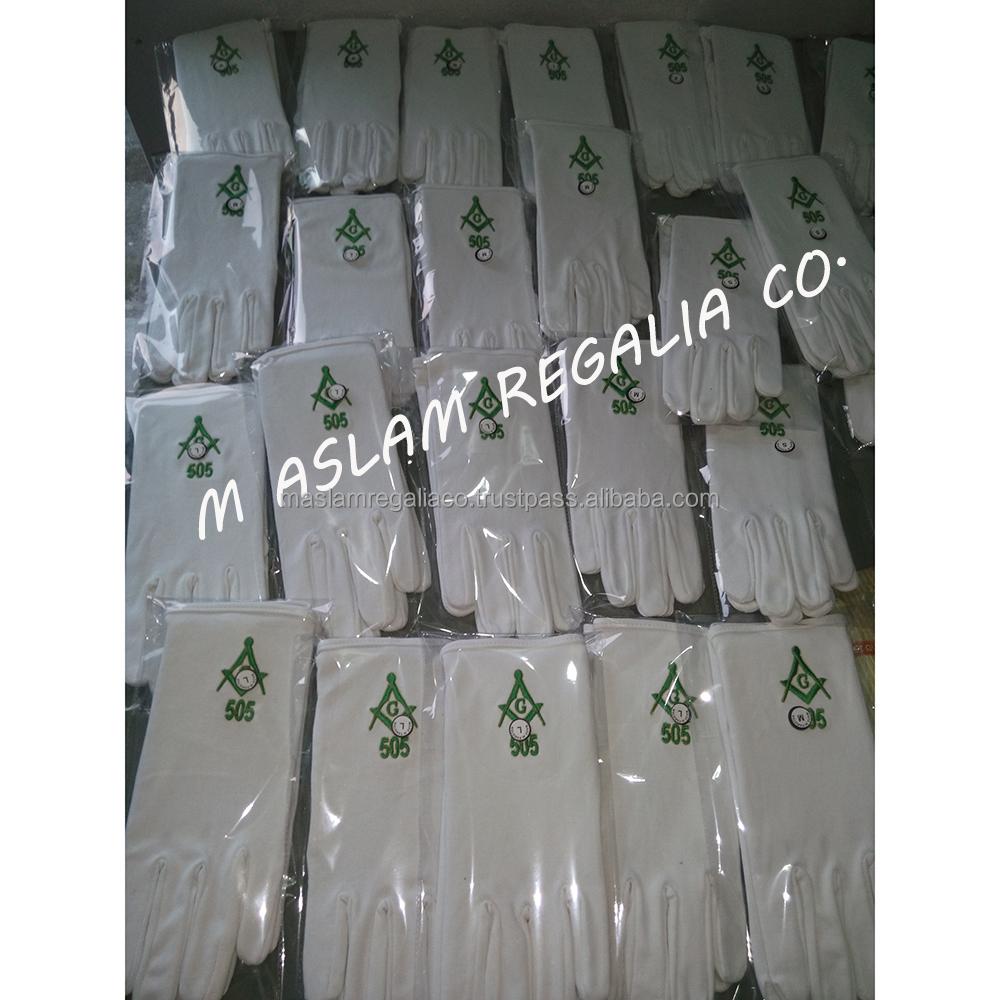 Royal Blue Square & Compasses Machine Embroidered Masonic White Cotton Gloves