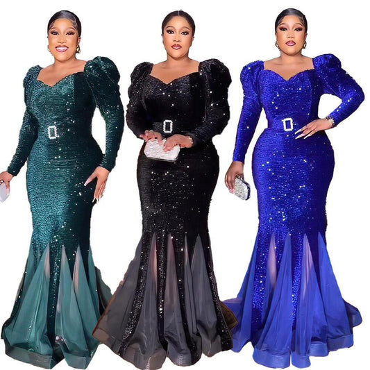 Elegant African Clothing Dress Women African Dress Sequins Latest African Dress Style African Women Hem Mesh Dress