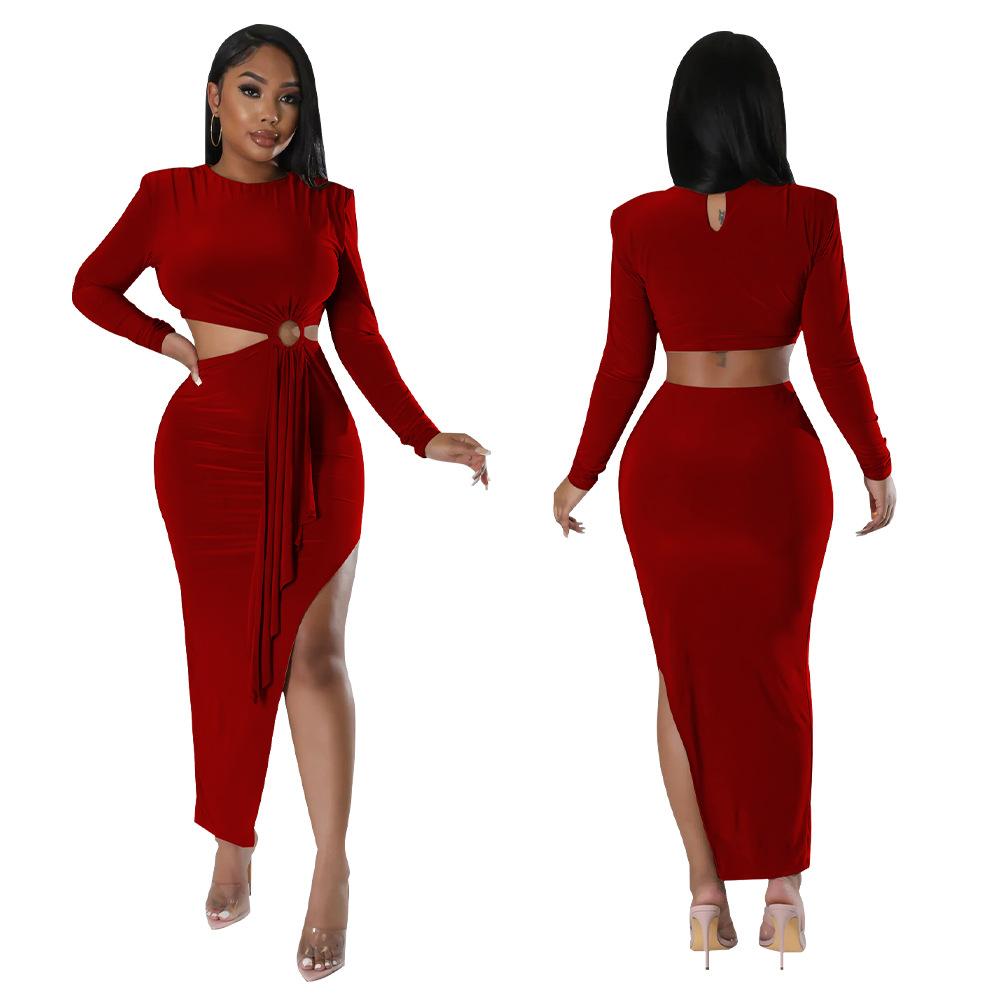 2024 Wholesale Autumn Women's New Slim Evening Dress Long Sleeve O Collar Side Exposed Waist Dress Women Elegant Casual Dress