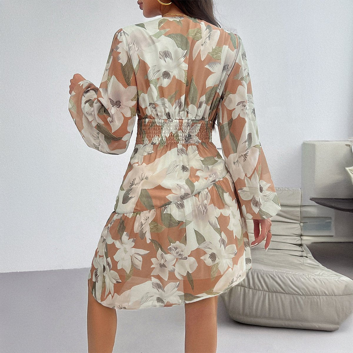 Autumn New Women's Elegant Floral Print Women's V-neck Long Sleeve Dress Daily Wear