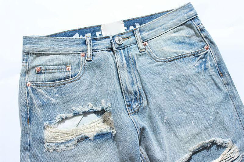 New Tear Damaged Old Denim Shorts Men's Hole Denim Shorts Blue Men's Hip Hop Fashion Casual Jeans Short
