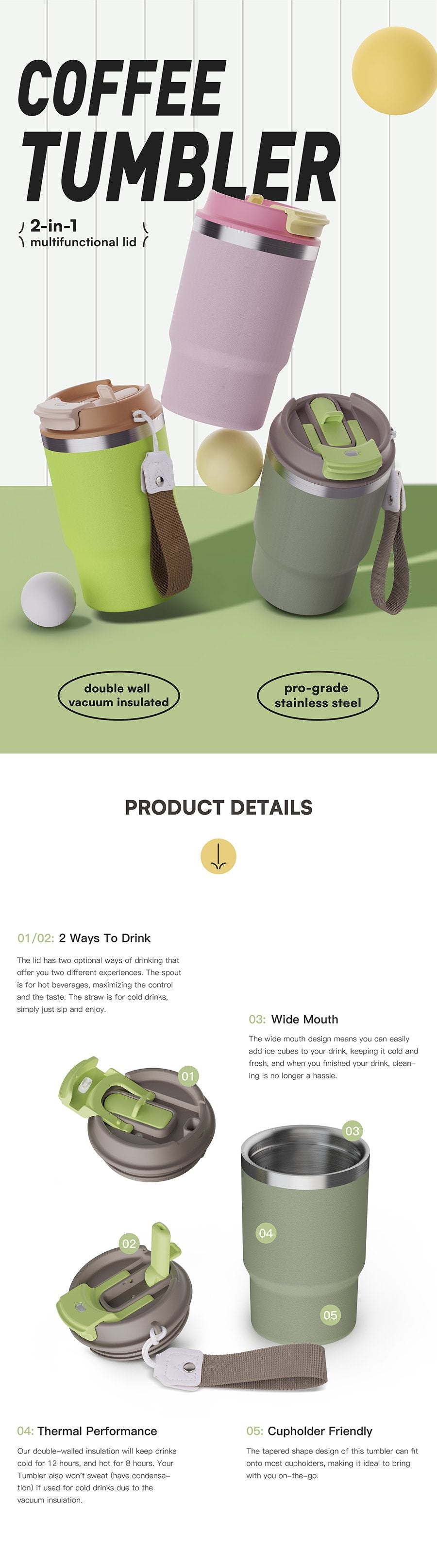 Hot Sale 2-in -1 Coffee Cup Travel New Wine Cup With Lid Straw Vacuum Stainless Steel Cup