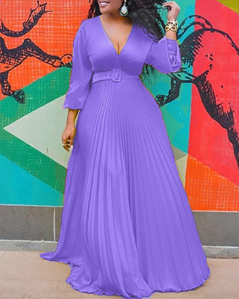 Fashion Women Evening Gown V-neck A Line High Waist Long Sleeve Pleated Maxi Weeding Dress Elegant