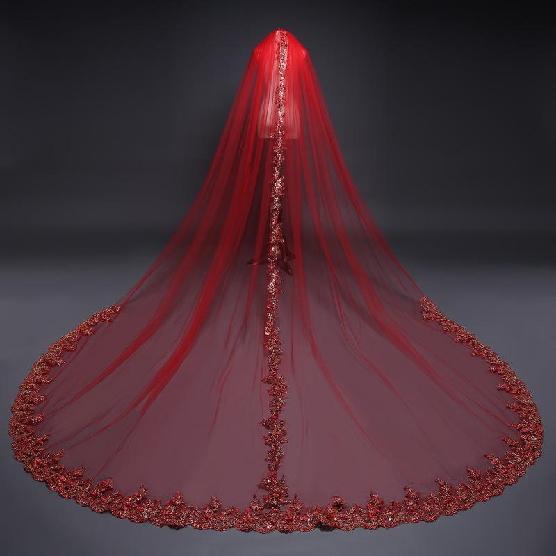 New Arrival Red Bridal Veil 3 Meters Long Cathedral Wedding Veil Single Layer Gold Sequin Lace Decal Bridal Veil With Comb