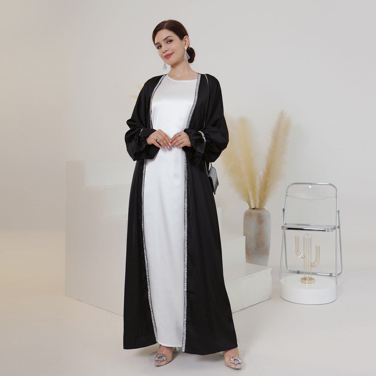 2023 New Design Eid Fitr Dubai Islamic Elegant Luxury Modest Abaya Women Muslim Dress Turkey Slide Dress Diamond Satin Silk