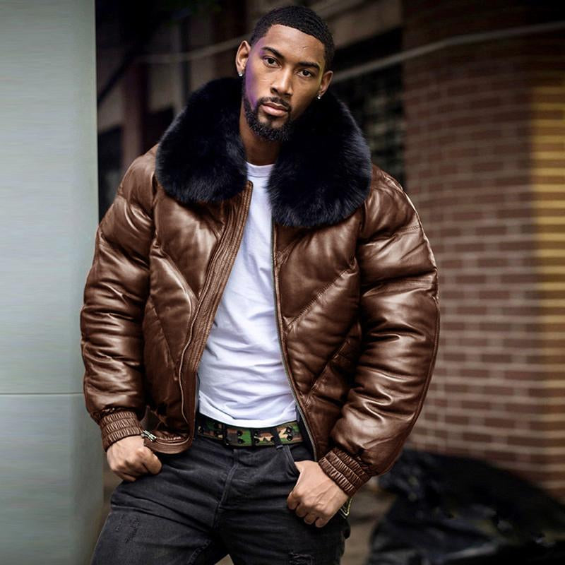 2021 Latest Men's High Custom Bomber Black Real Fox Fur Collar High Grade Duck Down With Black Real Sheepskin Jacket