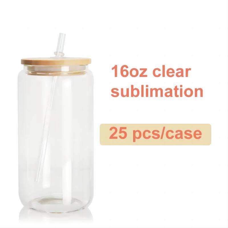 US Warehouse Stock 12 Oz 16 Oz Clear Frosted Sublimation Blank Glass Mason Can Beer Can Glass With Bamboo Lid And Straw