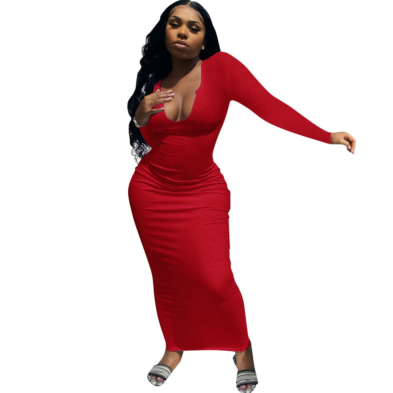 Wholesale Women's Deep V-neck Slim-fit Sexy Long Sleeve Dress Women's Summer Clothes Women's Casual Dress