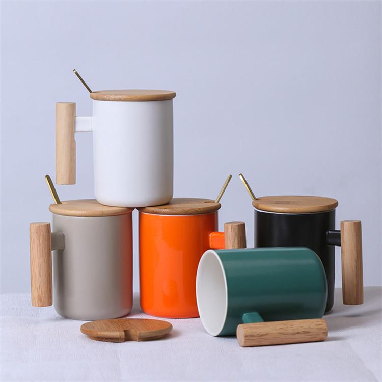 Hot Sale Gift Porcelain Cup, Bamboo Lid Ceramic Cup With Lid And Spoon, Wooden Handle Ceramic Coffee Cup