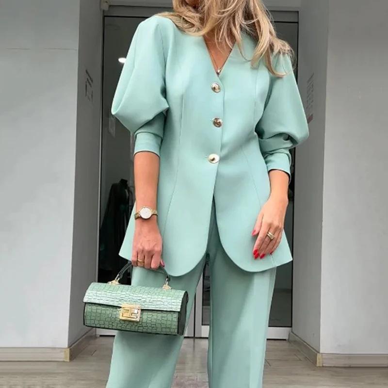 Spring 2024 New Women's Fashion Lantern Sleeves Loose Suit Temperament Commuter Jacket Trousers Suit Women's Elegant Blazer Suit