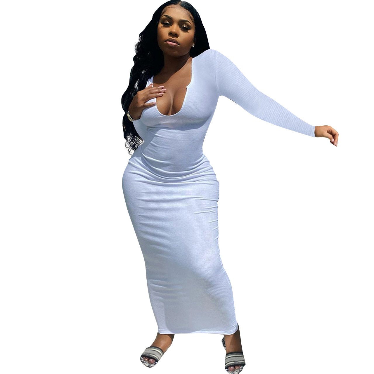 Wholesale Women's Deep V-neck Slim-fit Sexy Long Sleeve Dress Women's Summer Clothes Women's Casual Dress