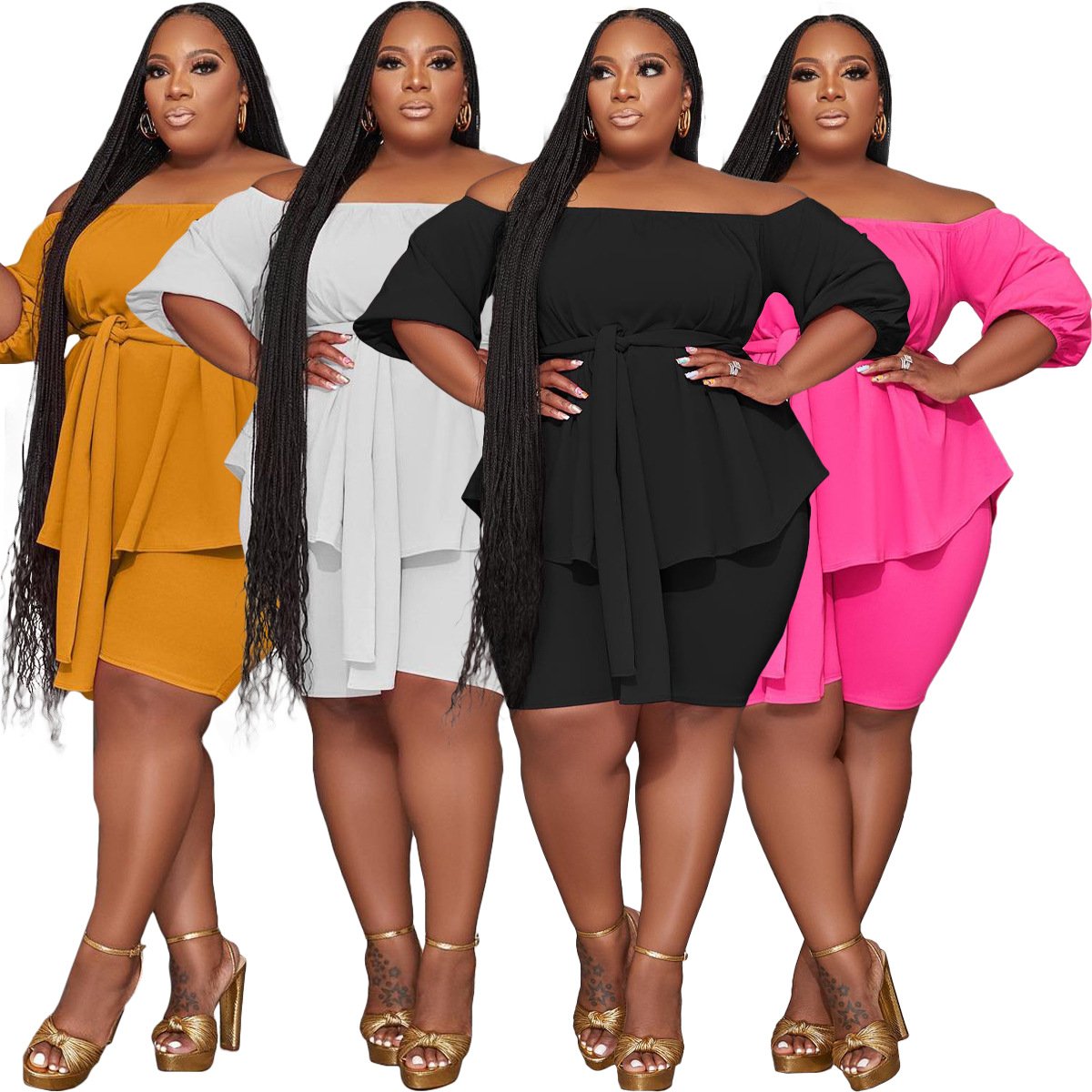 2023 New Plus Size Women's Summer New Short Sleeve Pleated Solid Color Plus Size Dress Women's Elegant