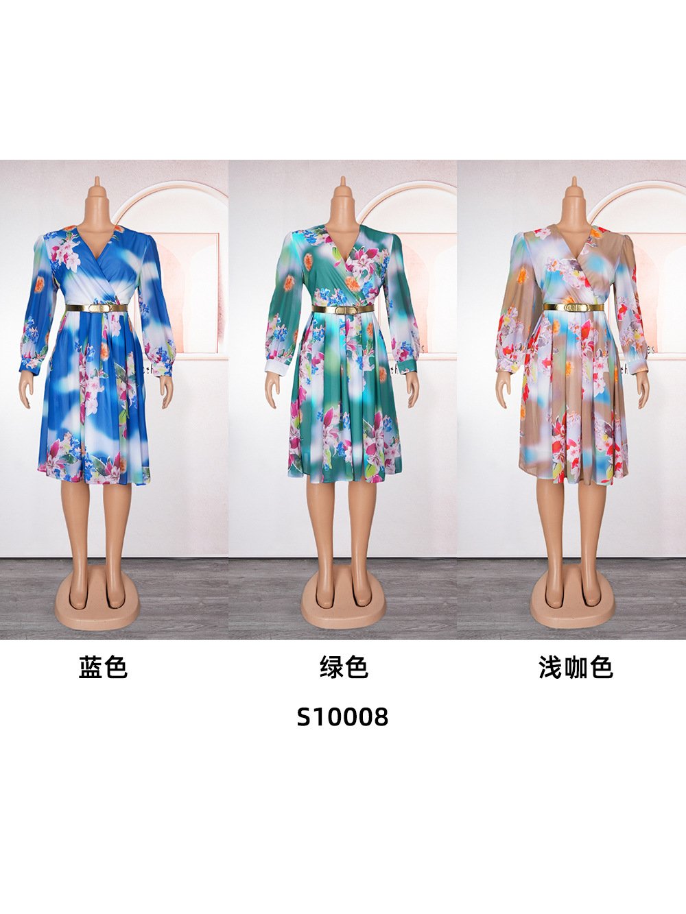 Africa 2024 Spring And Summer New Cross-border Foreign Trade Women's Plus Size V-neck Printed Dress With Belt