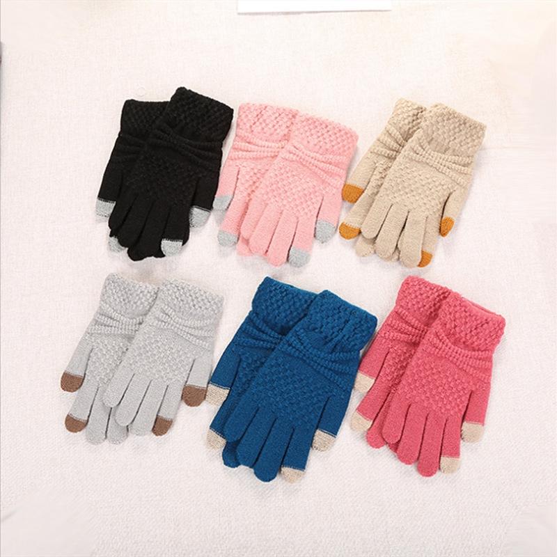 Solid Color Women Touch Screen Cotton Gloves Knitted Wool Gloves Fleece-lined Fleece-lined Thickened Cat Jacquard Gloves Wholesale