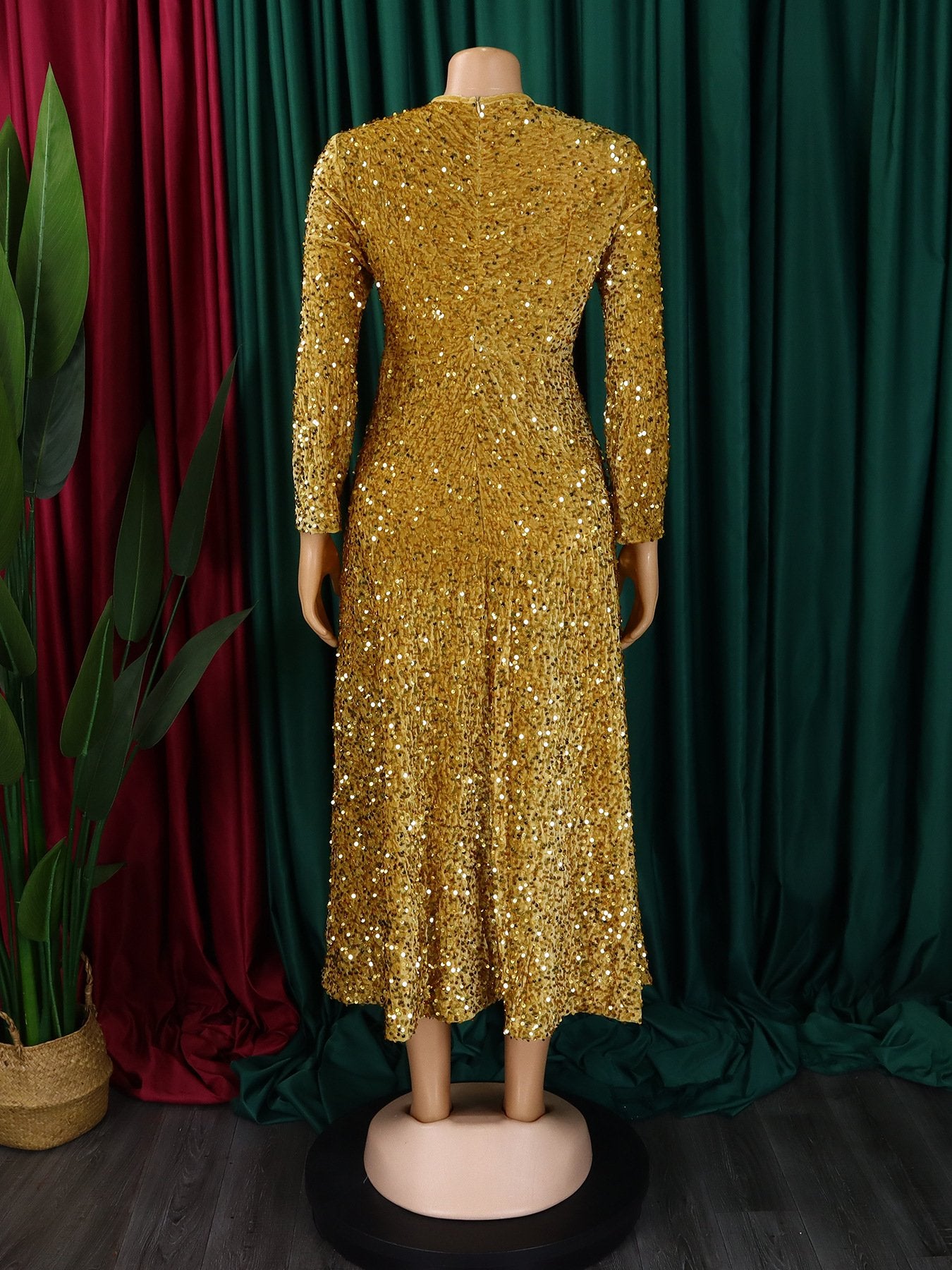 D469 Fashion Party Dress Women O Collar Long Sleeve High Waist A Line Sequin Dress Women Luxury Evening Dress