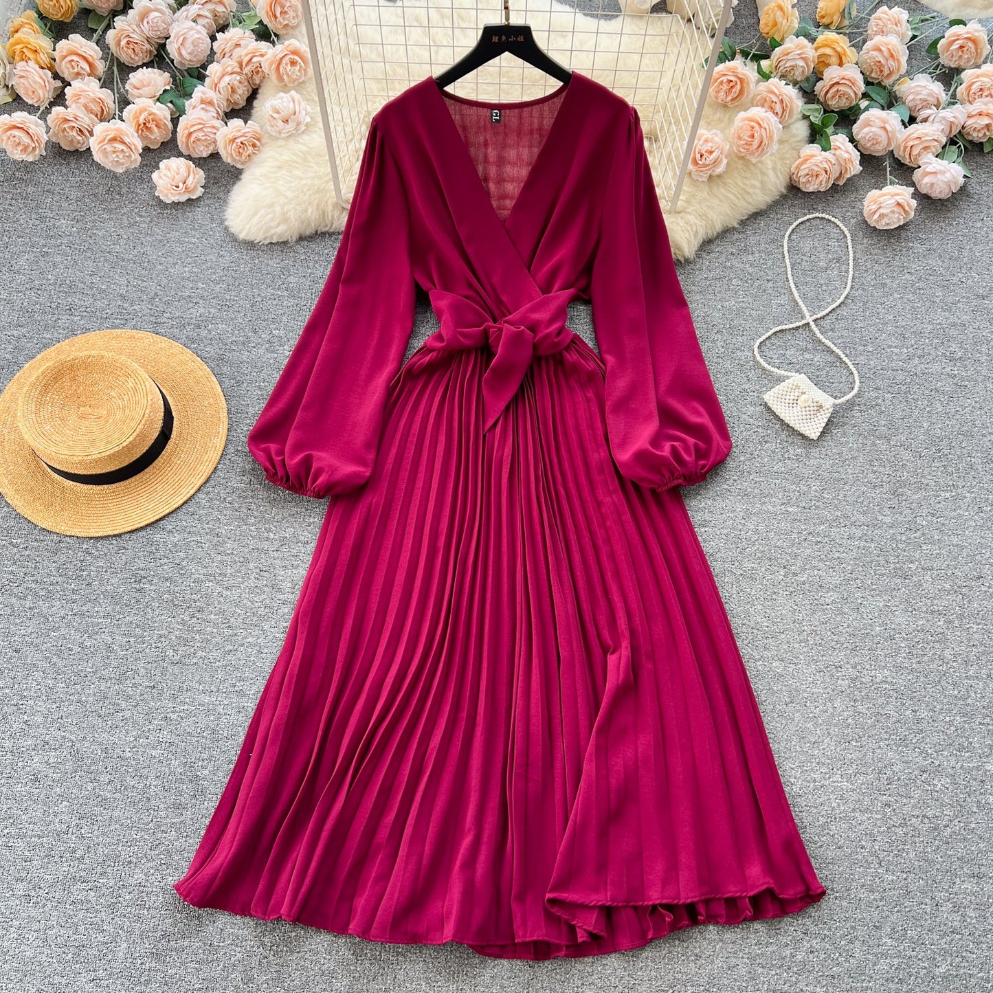 Summer Roman V-neck Tunic Waist Dress Women's Long Lantern Sleeve Empire Lace Dress Red Yellow Purple Black
