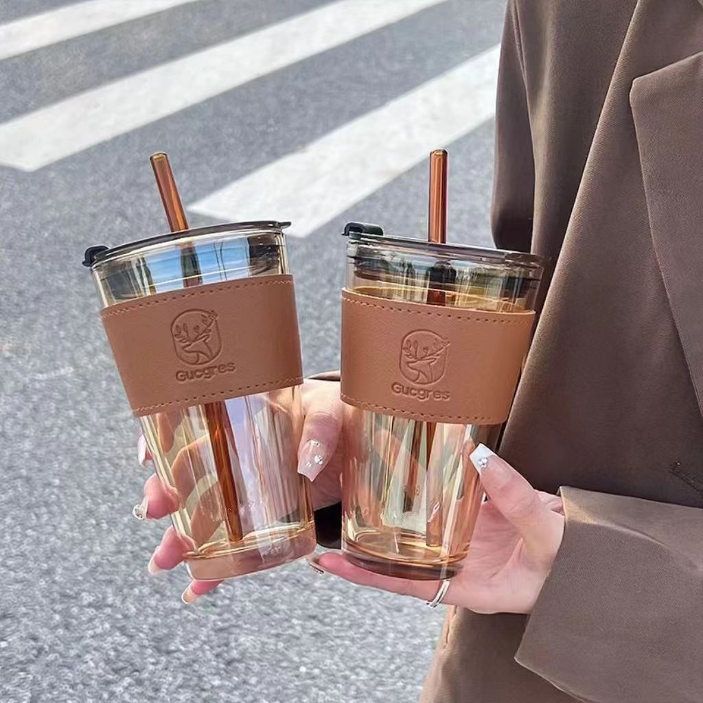 Large Capacity Heat Insulation Glass Double-layer Straw Water/coffee Cup With Plastic Lid High Appearance Summer Ins Net Red