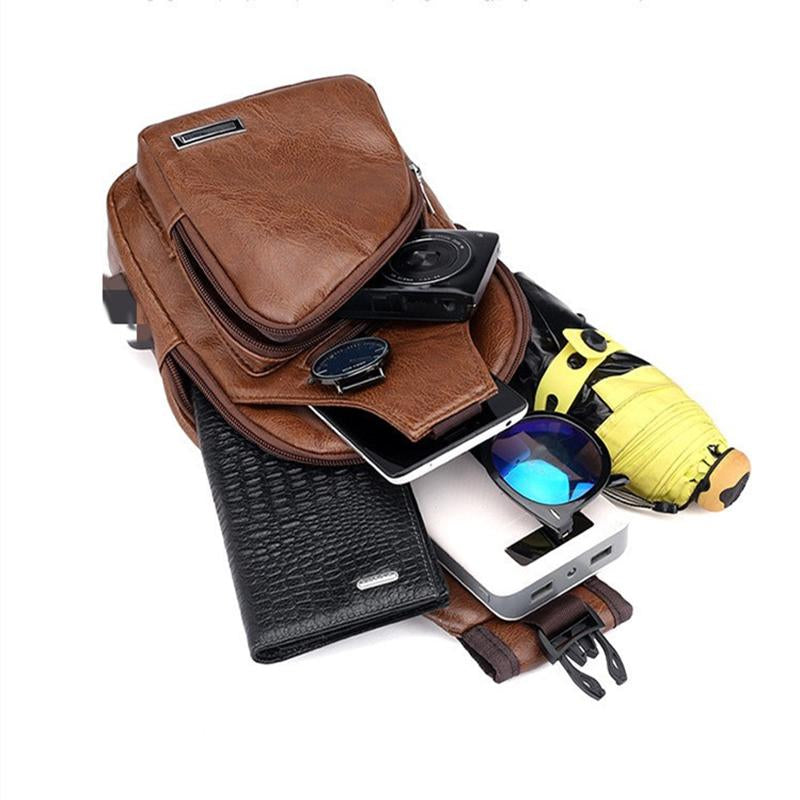 New Korean Style Fashionable Charging Men's Chest Bag Outdoor PU Leather Shoulder Briefcase Leather Sling Bag