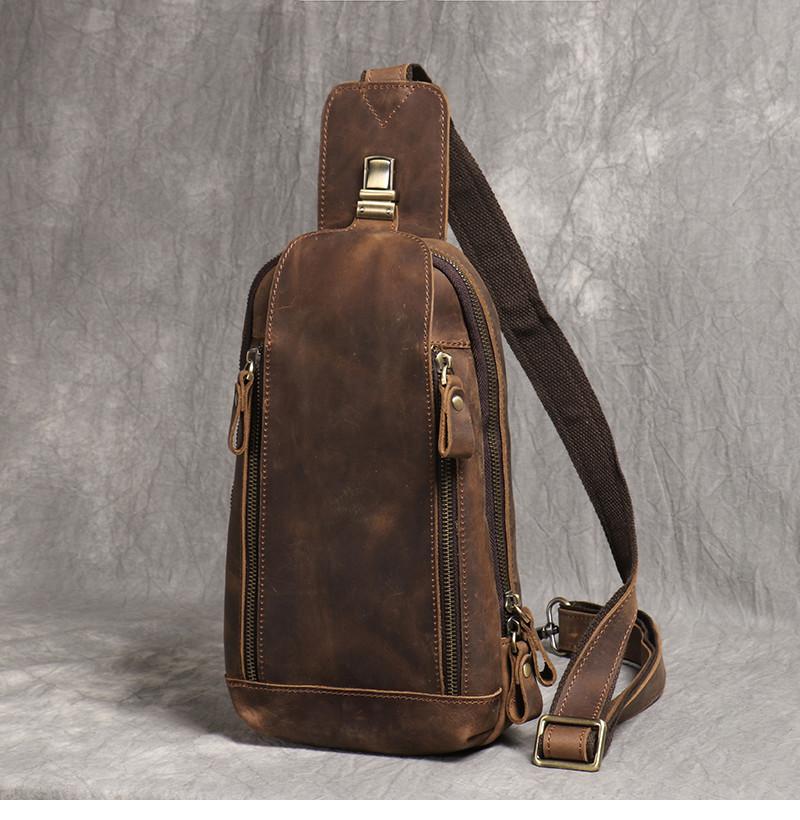 New Crazy Horse Show Leather Chest Bag Retro Genuine Leather Men's Bag Retro Casual Shoulder Bag Suitable For 7.9-inch IPad