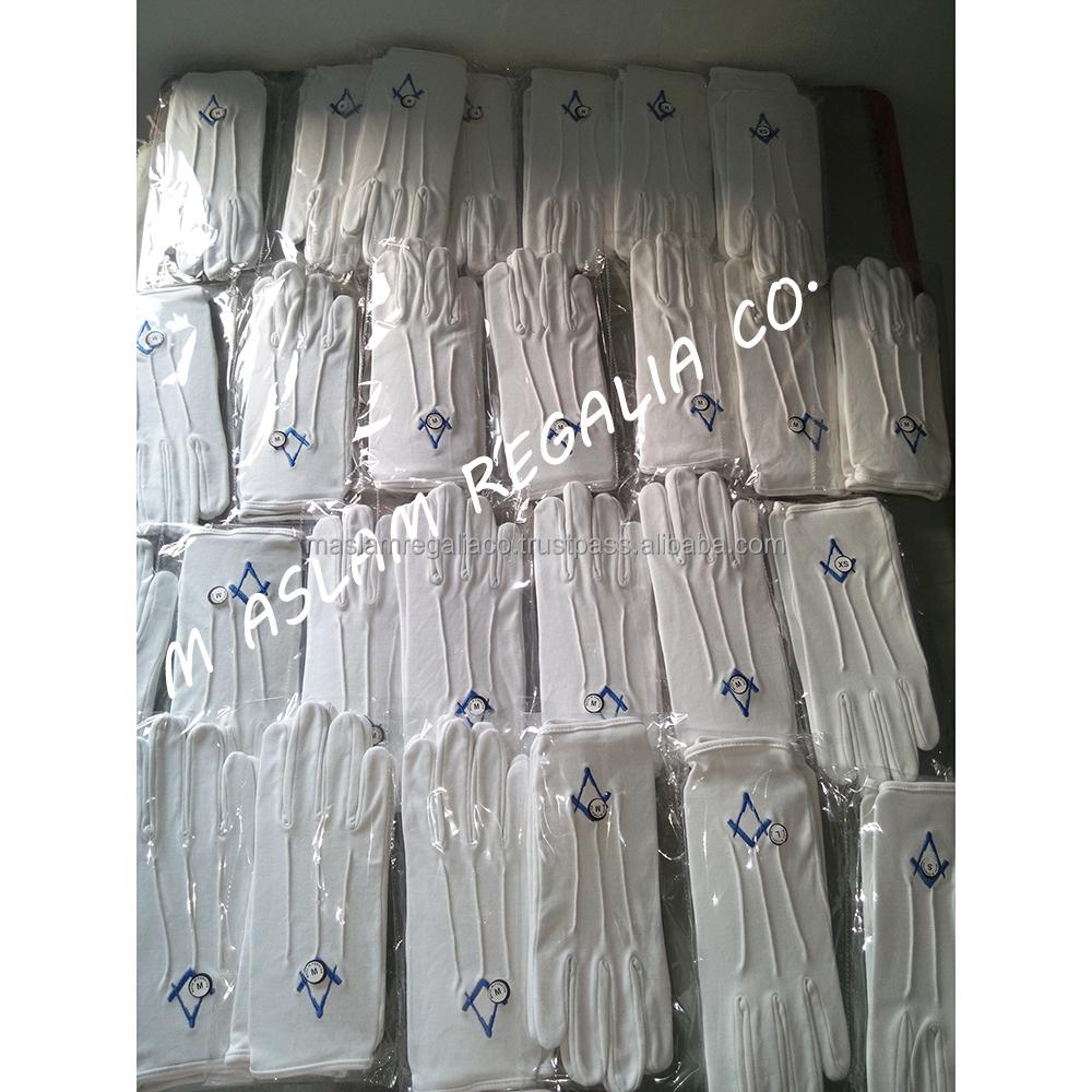 Royal Blue Square & Compasses Machine Embroidered Masonic White Cotton Gloves