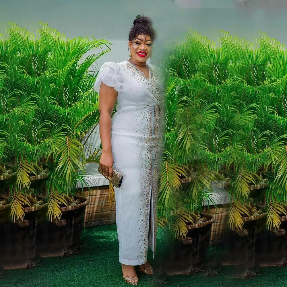 Fashion African Sequins Women Elegant Women Evening Dress 2022 Short Sleeve V-Neck Diamond Maxi Dress