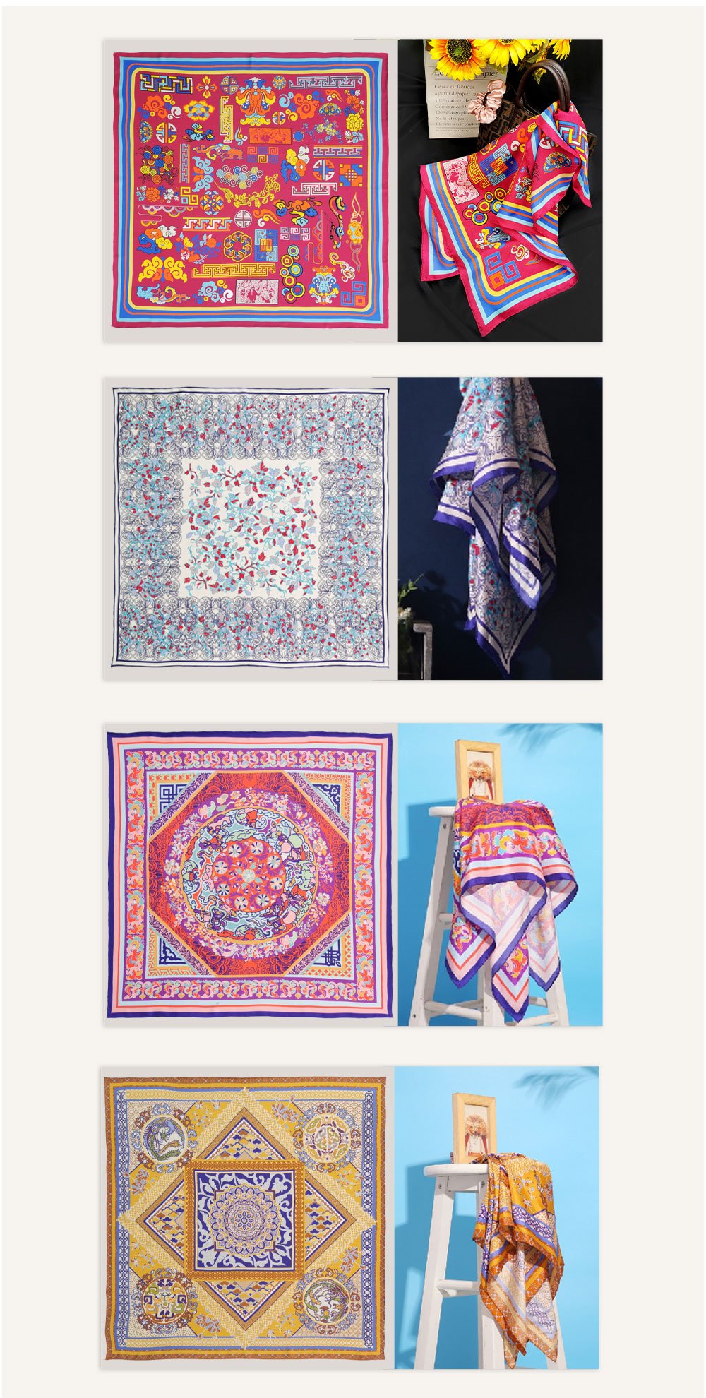 Chinese Traditional Elements Printed Custom Silk Scarf 90*90cm Square Mulberry Silk Scarf Custom Printed Silk Scarf