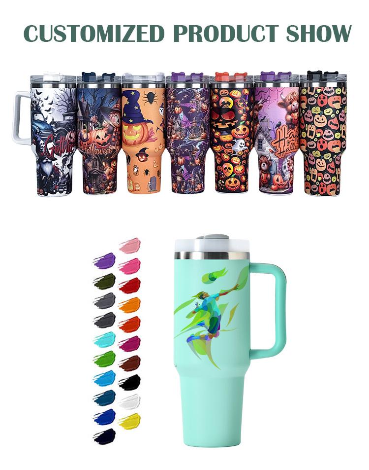 Custom 40 Oz Tumbler Reusable Stainless Steel Insulated Water Bottle 40 Oz Coffee Cup Travel Car Cup With Handle Straw Cover