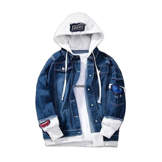 Custom Men Hooded Jacket Long Sleeve Fashion Jacket Jeans Jacket Hooded Rear Logo Print Patch Design For Men Fashion