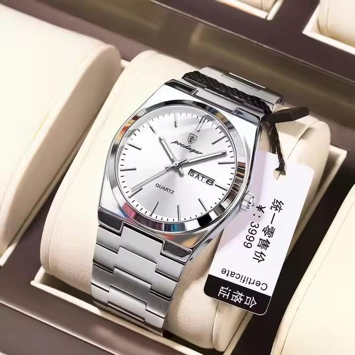 Men's New Luxury Stainless Steel Watch Waterproof Luminous Dial Display Week Date Quartz Watch Casual Business Alloy