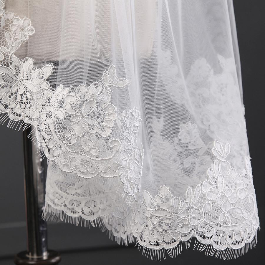 New Short Elbow Length Lace Wedding Veil Bride 2 Layer Bridal Veil With Comb (White/Ivory)