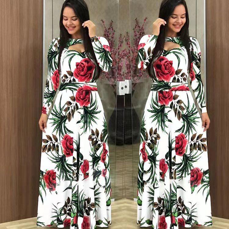 8230424 Latest Long Dress Plus Size Women's Printed Maxi Dress Long Sleeve Clothing