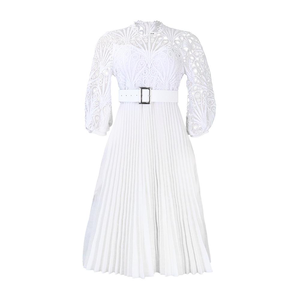 OEM Wholesale Autumn American Women Crochet Lace Dress Pleated Skirt Plus Size Long Sleeve White Church Evening Dress