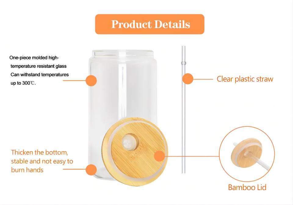 US Warehouse Stock 12 Oz 16 Oz Clear Frosted Sublimation Blank Glass Mason Can Beer Can Glass With Bamboo Lid And Straw