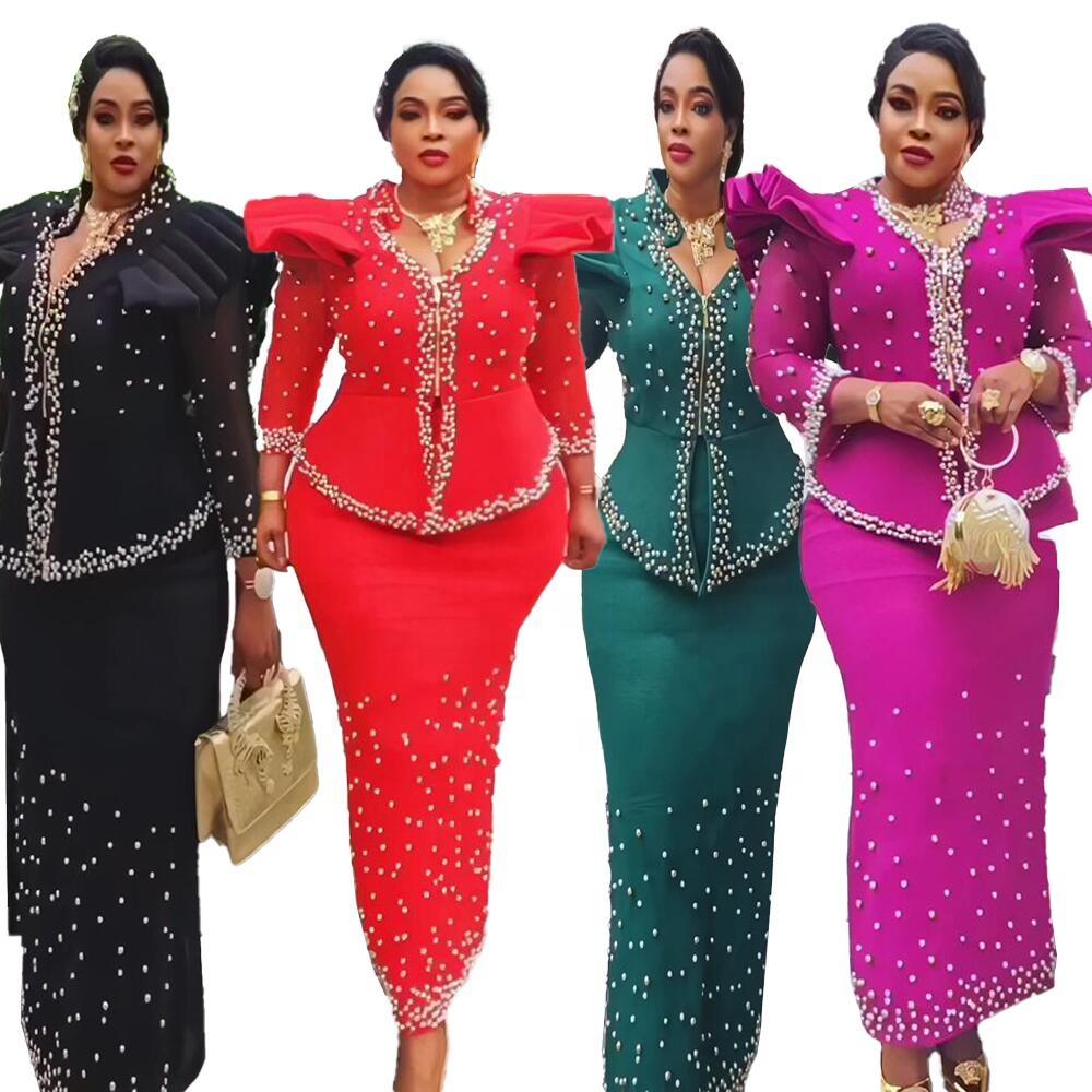 Luxury African Clothing Mesh Long Sleeve Dress Suit African Beaded Dress Elegant Turkish African Women's Clothing