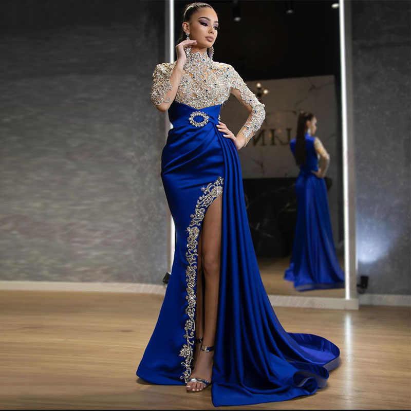 Valentine's Day 2024 Queen Dress Women Fashion Sexy Dress Blue Splash Gold Split Mosaic Half-turtleneck Evening Gown Abito Da Sera