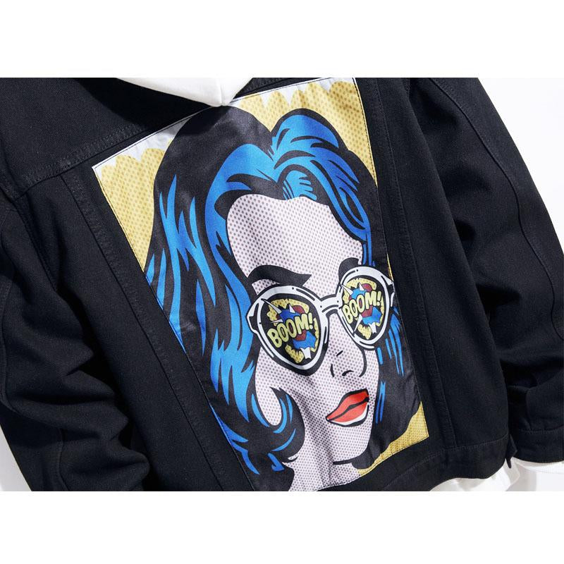 High Quality Fashion Denim Street Black Pattern Patch Denim Jacket