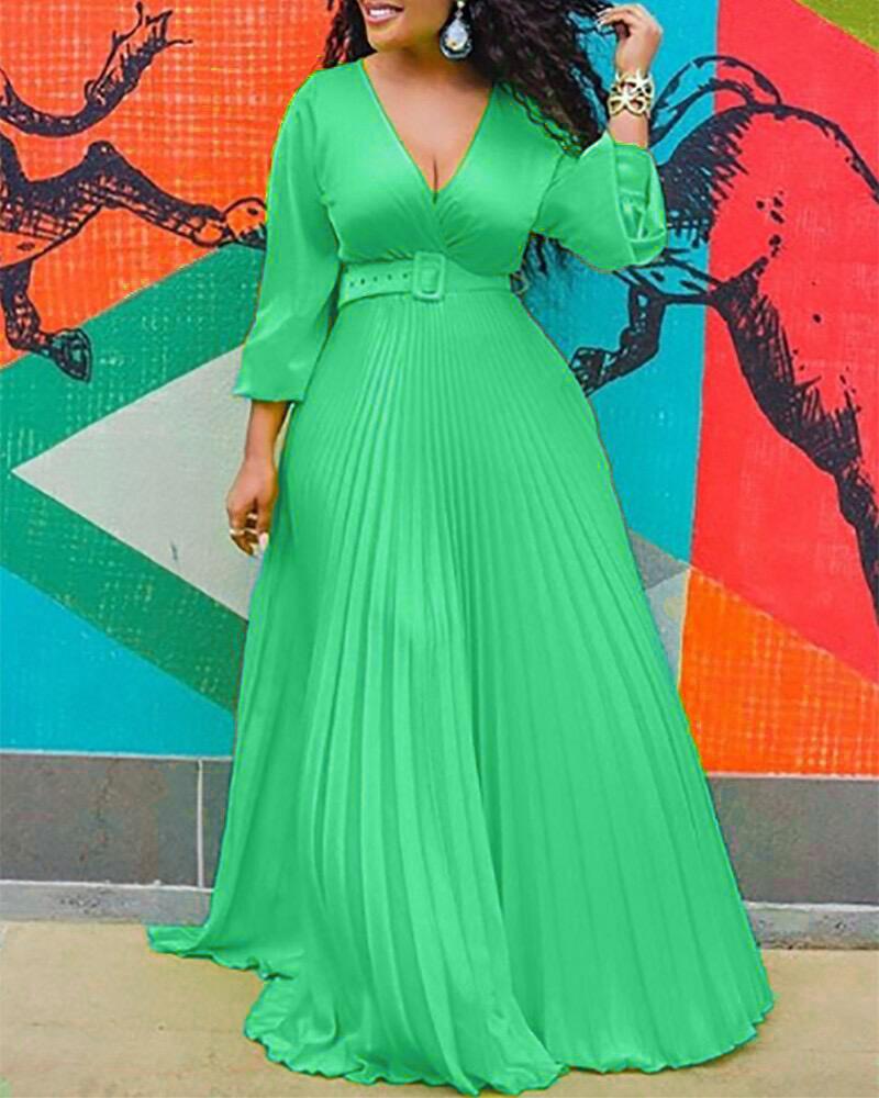 Fashion Women Evening Gown V-neck A Line High Waist Long Sleeve Pleated Maxi Weeding Dress Elegant