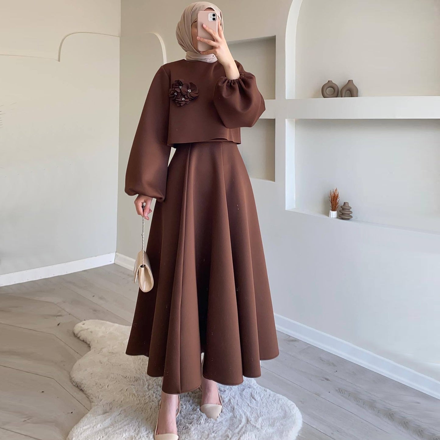 Wholesale Fashion Elegant Moderation Islamic Clothing Two-Piece Muslim Women Casual Shirt Floral Lantern Sleeve Loose Dress Suit