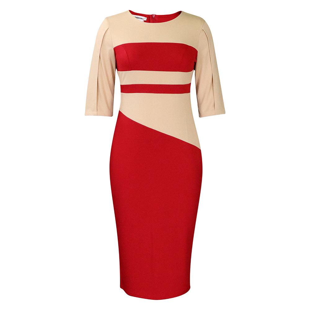 C230240 African Contrast Color Dress Plus Size Half Sleeve Pencil Formal Midi Dress Office Women