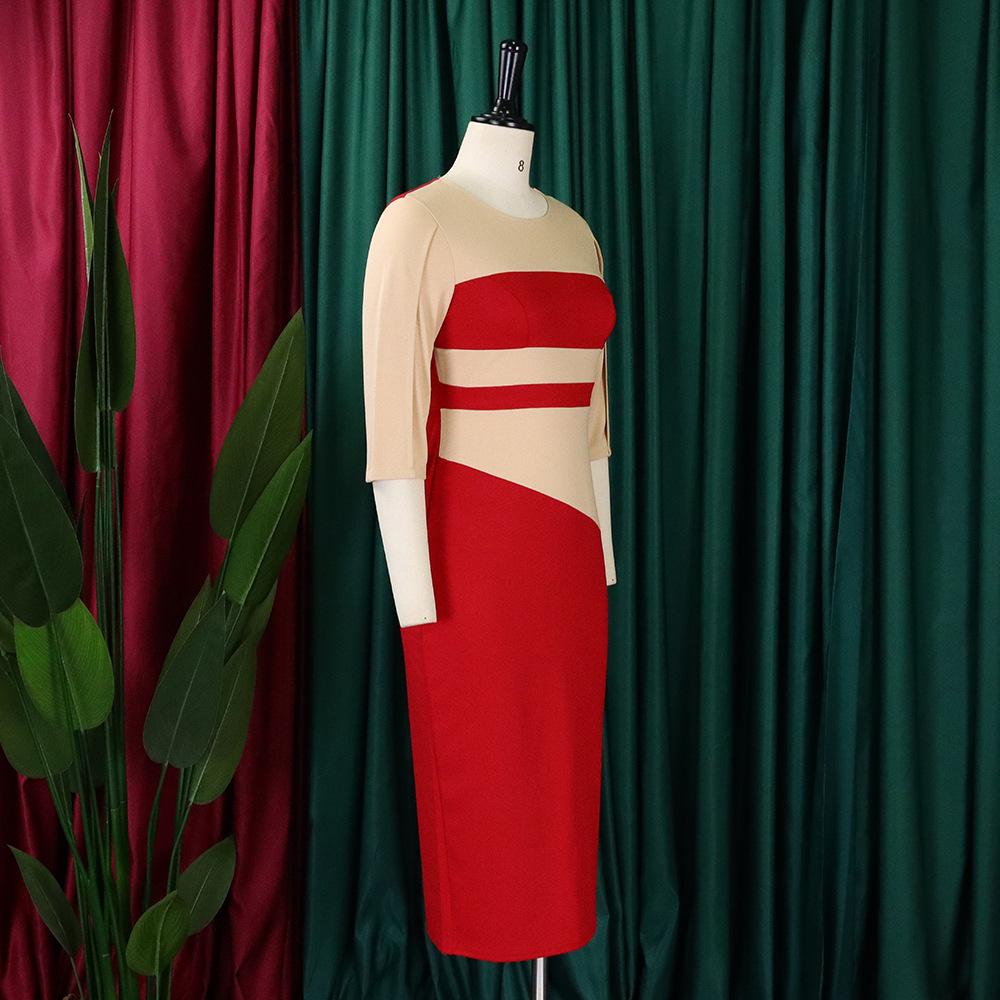 C230240 African Contrast Color Dress Plus Size Half Sleeve Pencil Formal Midi Dress Office Women