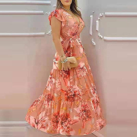 Wholesale Custom Chiffon Floral Dress Casual V-neck Mesh Print Maxi Dress Women Elegant Long Dress