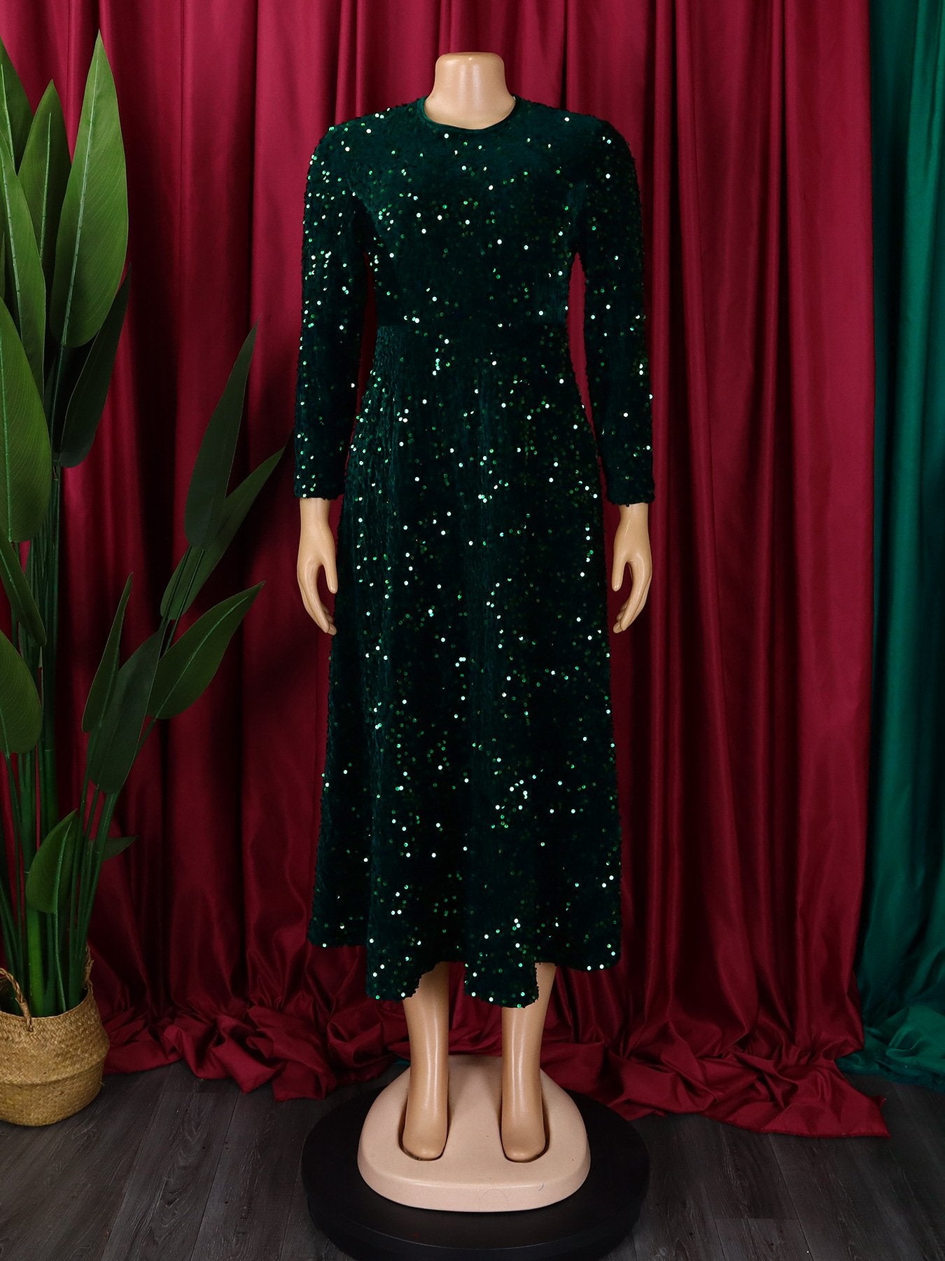 D469 Fashion Party Dress Women O Collar Long Sleeve High Waist A Line Sequin Dress Women Luxury Evening Dress