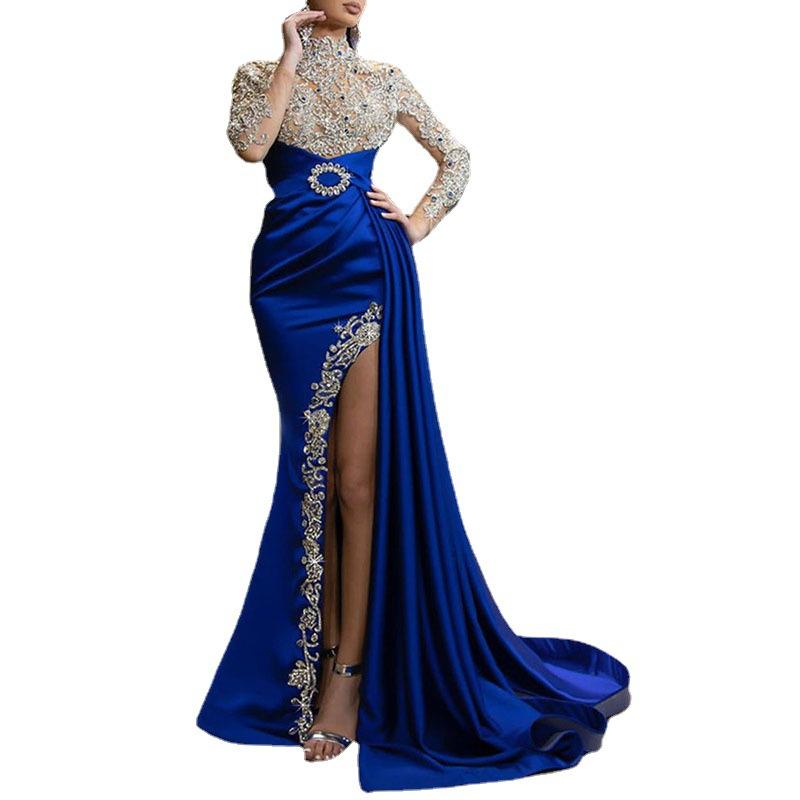 Valentine's Day 2024 Queen Dress Women Fashion Sexy Dress Blue Splash Gold Split Mosaic Half-turtleneck Evening Gown Abito Da Sera