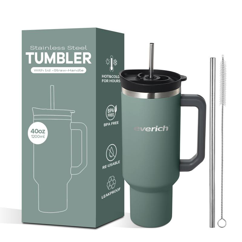 40 Oz Tumbler Double Wall 304 Stainless Steel Insulated Wide Mouth Car Tumbler Cup With New Handle And Straw Cover Vacuum Car Cup
