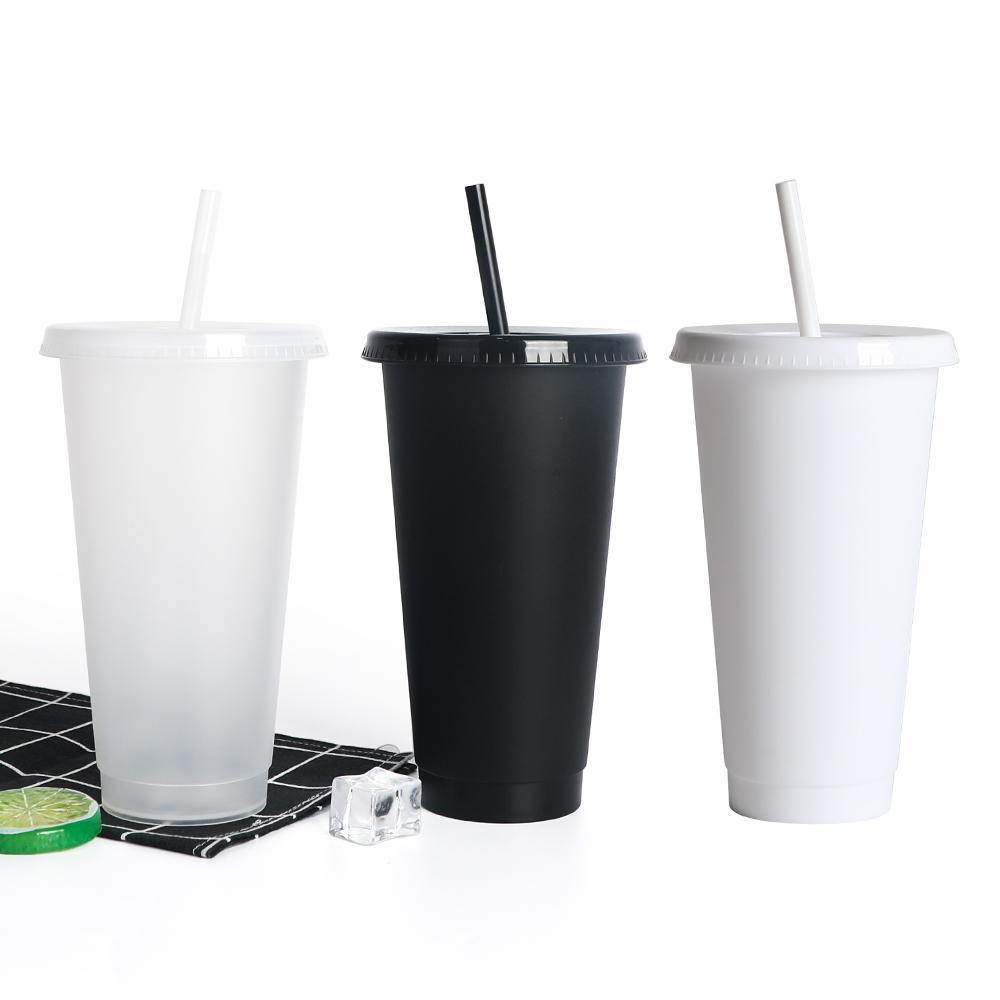 Plastic Tumbler Coffee Black Reusable 24 Oz Frosted Drink Cold Cup With Lid And Straw