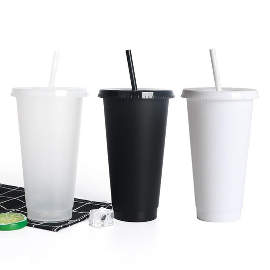 Plastic Tumbler Coffee Black Reusable 24 Oz Frosted Drink Cold Cup With Lid And Straw