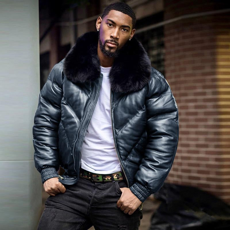 2021 Latest Men's High Custom Bomber Black Real Fox Fur Collar High Grade Duck Down With Black Real Sheepskin Jacket