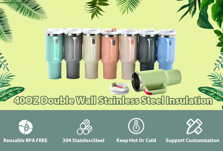 Custom 40 Oz Tumbler Reusable Stainless Steel Insulated Water Bottle 40 Oz Coffee Cup Travel Car Cup With Handle Straw Cover