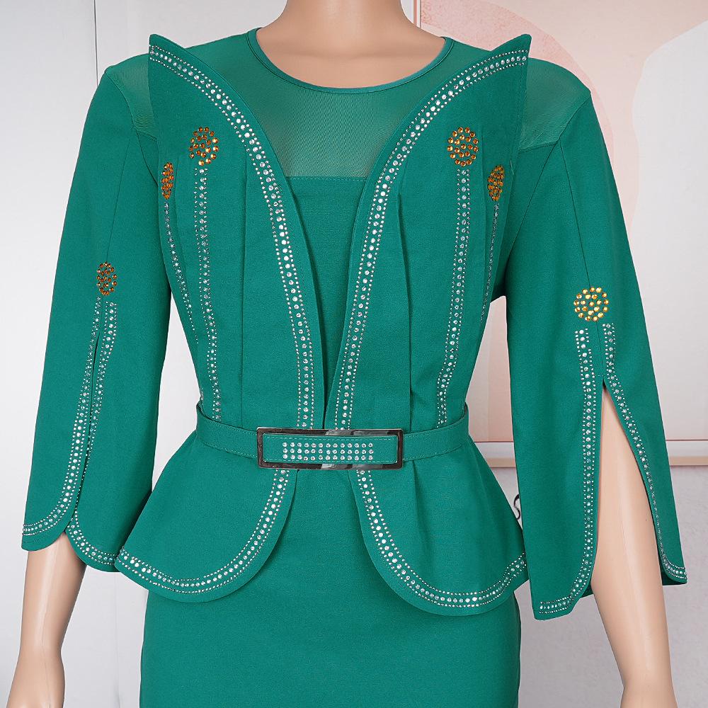 2023 African Mandarin Sleeve Dress Women Printed Dress With Belt Mother Plus Size Elegant Pleated Dress