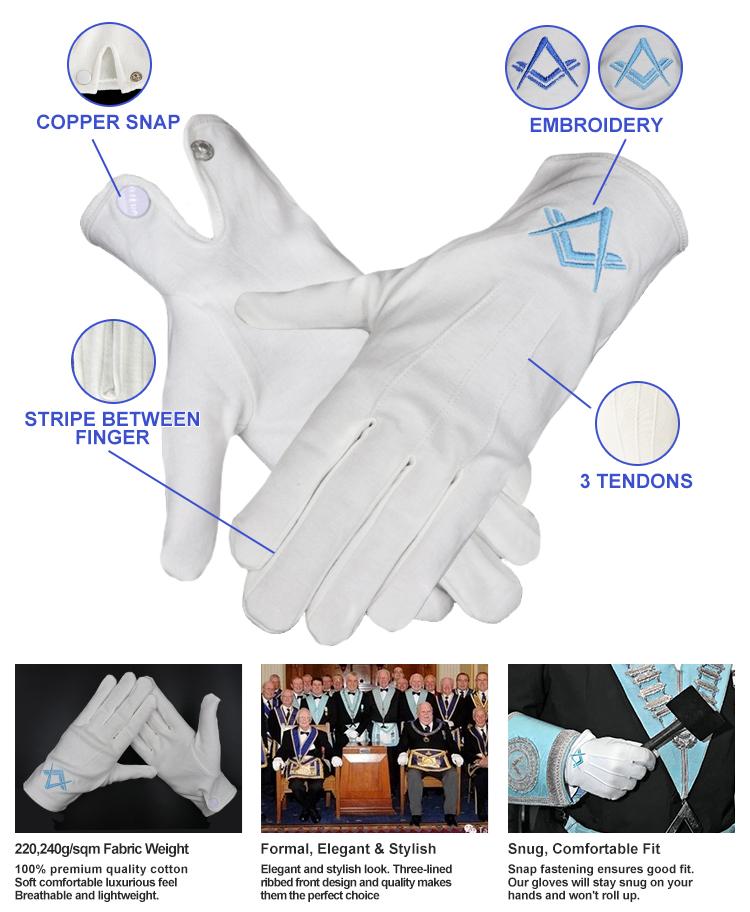 Wholesale Custom Menswear Church Masonic Embroidery White Cotton Masonic Masonic Riggilla Hand Gloves High Quality Women